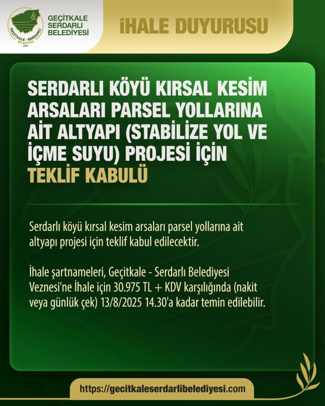 Serdarlı Köyü Kırsal Kesim Arsaları Parsel Yollarına Ait Altyapı (Stabilize Yol ve İçme Suyu) Projesi