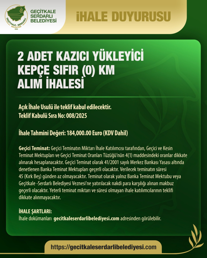 GE&Ccedil;İTKALE- SERDARLI BELEDİYESİ İHALE DUYURUSU